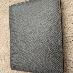 Authentic Louis Vuitton man silver grey taiga leather compact wallet card holder